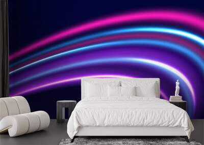 Speed police line. Laser beams, horizontal light rays. Magic shining neon light line trails. Purple glowing wave swirl, impulse cable lines. High speed effect motion blur night lights Wall mural