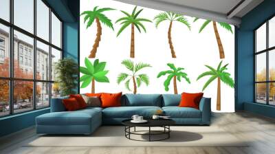 Tropical palm trees set. Tropical tree green leaves, beach palms and retro california greenery. Miami trees, coconut palm or exotic hawaii forest green tree. Wall mural