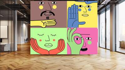 Vector illustration Square abstract faces with various emotions and hand gestures. Wall mural