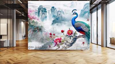 3D peacock sitting on a magnolia tree branch wallpaper Wall mural