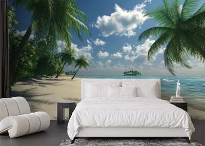 3D Tropical Beach with Palm Trees Wallpaper Wall mural