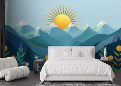 Abstract mountain range with golden sun, blue sky wallpaper Wall mural