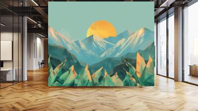 Abstract mountain range with golden sun, blue sky wallpaper Wall mural