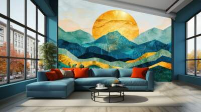 Abstract mountain range with golden sun, blue sky wallpaper Wall mural