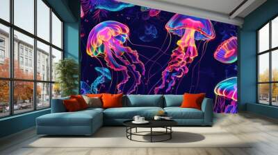 glowing jellyfish and algae on underwater neon wallpaper Wall mural