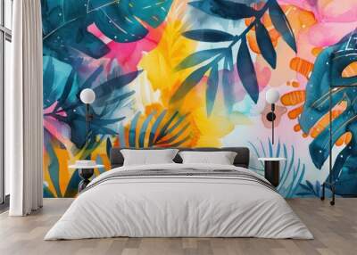 Modern colorful tropical floral pattern. Cute botanical abstract contemporary pattern wallpaper Wall mural