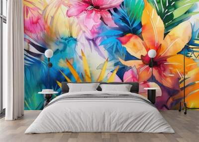 Modern colorful tropical floral pattern. Cute botanical abstract contemporary pattern wallpaper Wall mural