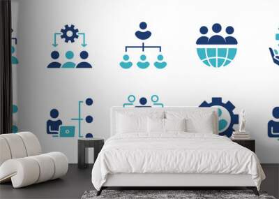 set of human resource organization management with gear setting icon set teamwork structure hierarchy leadership diagram employee network symbol illustration Wall mural