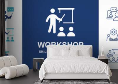 set of online course training skills seminar icon vector workshop human resource development conference teamwork coaching symbol collection illustration Wall mural