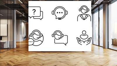 set of online support assistance icon collection vector customers service agent helping technical solution client symbol outline illustration Wall mural