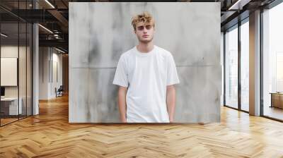 A blonde man wearing an oversized blank white crew neck t-shirt, a simple and comfortable everyday wear. Wall mural