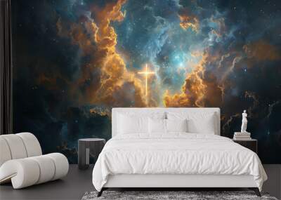 A captivating scene of a luminous cross radiating light against a celestial sky, symbolizing spirituality and hope. Suitable for religious and spiritual purposes. Wall mural