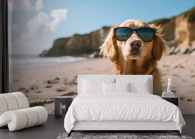 A dog wearing sunglasses enjoying a sunny day at the beach Wall mural