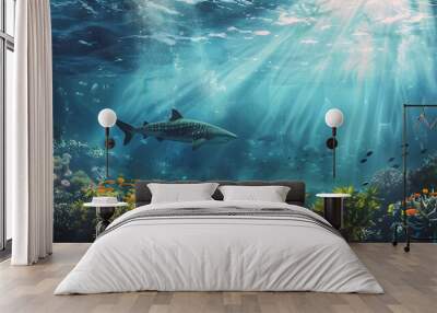 An illustration of the underwater world with vibrant marine life and flora, conveying a sense of exploration and adventure. Suitable for travel and vacation themes. Wall mural