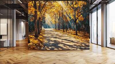 An inviting alley turn in an autumn park with golden foliage and sun rays shining through the branches. Wall mural