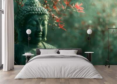 Buddha statue in a serene and mystical green background, representing spirituality and tranquility. Wall mural