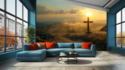 Cross of God in the rays of the sun, religious concept Wall mural