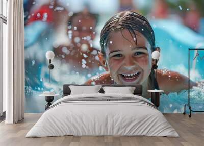 Happy kids splashing into a waterslide at aqua park for summer vacation Wall mural