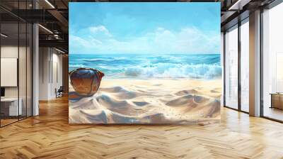 Sunglasses in the sand on a tropical beach with a beautiful blue ocean and sky background, perfect for summer vacation and relaxation. Wall mural