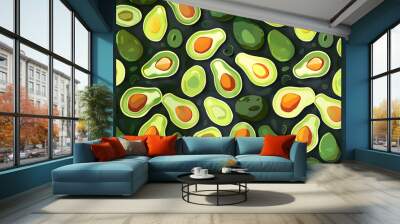 Vibrant and abstract avocado pattern with fresh and colorful sliced avocados, perfect for banners and wallpapers, trendy exotic touch to any design, ideal for diet, vegan, or healthy lifestyles. Wall mural