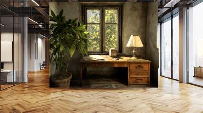 A 3D image of a room with an old desk, lamp, and plant. Wall mural