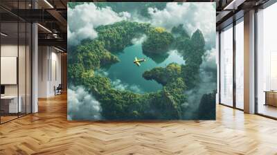 A 3D image shows a lush rainforest shaped like the world.  Lakes form the continents, and clouds float overhead. A tiny yellow airplane flies in the distance. Wall mural