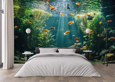 A beautiful aquarium filled with tropical fish.  It has a jungle-like look, with plants, driftwood, rocks, and stones. You can see many different kinds of aquatic plants growing underwater. Wall mural