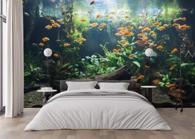 A beautiful aquarium filled with tropical fish.  It has a jungle-like look, with plants, driftwood, rocks, and stones. You can see many different kinds of aquatic plants growing underwater. Wall mural