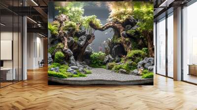 A beautiful aquarium that looks like an underwater forest, filled with different plants, rocks, and natural decorations. Wall mural