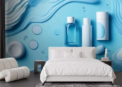 A blue background with abstract designs. It features a variety of skincare products, including a moisturizer, micellar water, and toner. Wall mural