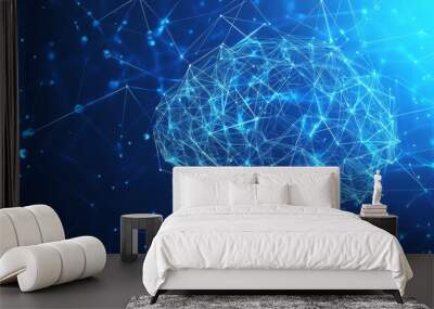 A blue background with lines and triangles forming a brain shape. Lines connect points, creating a network. Wall mural