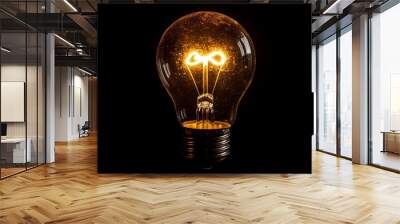 A bright light bulb shines in the darkness, representing creativity, inspiration, and new ideas. Wall mural