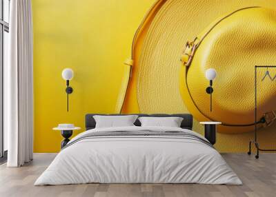 A bright yellow leather handbag with a matching hat, shown on a plain background. Wall mural