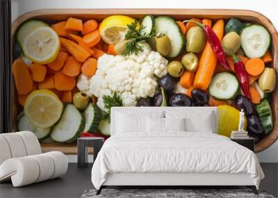 A colorful mix of pickled vegetables, including carrots, lemons, cucumbers, black and green olives, chili peppers, and cauliflower, arranged in a wooden dish against a white background. Wall mural