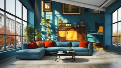 A cozy blue living room with a classic radio and armchair. The room is decorated in a vintage style, creating a welcoming and stylish space. Wall mural