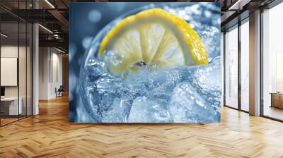 A gin and tonic, with ice and a lemon wedge. Wall mural