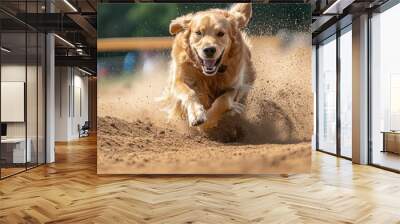 A golden retriever dog races through a dirt obstacle course on a sunny summer day, enjoying a fun game of lure coursing. Wall mural