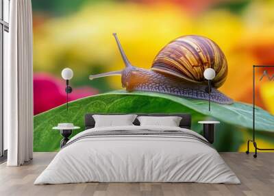 A little brown snail with long feelers creeps across a bright green leaf in a colorful garden. Wall mural