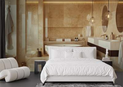 A luxurious bathroom with gleaming beige marble walls and floors. It has two sinks and mirrors, a round white bathtub, and stylish hanging lights. A bathrobe is hanging nearby. Wall mural