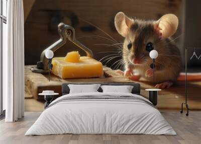 A mouse trying to get the cheese from the mousetrap and a baby mouse looking at it from the edge. --ar 16:9 --v 6.1 Job ID: 995180d9-3728-4e58-94ba-67c35d1a6dc4 Wall mural