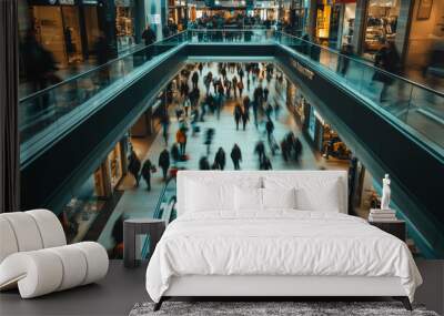 A photo shows the inside of a busy shopping mall. You can see people walking around, but the picture is a bit fuzzy. Wall mural