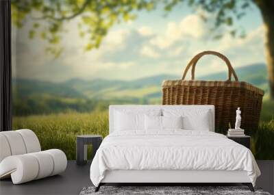 A picnic basket sits on a grassy field. There's room for you to add your own message. Wall mural