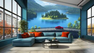 A red car drives across a bridge overlooking a blue lake. Lush green forests surround the lake, and an island sits in the middle. It's a beautiful summer day. Wall mural