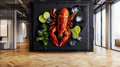 A red lobster, whole and glistening, sits on a black slate plate. Ice cubes and a slice of lime add a touch of freshness. Wall mural