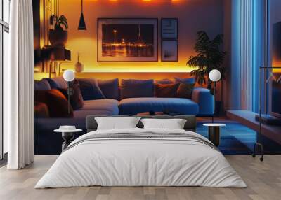 A sleek and modern living room with stylish lights and a comfy sofa, perfect for a chic and relaxing feel. Wall mural