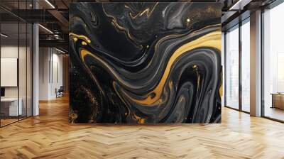 A swirling mix of black and gold paints creates a beautiful, abstract marble pattern. The effect is like liquid art, with smooth, flowing lines. Wall mural