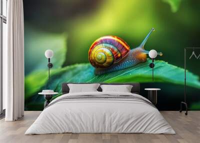 A tiny, colorful snail is crawling on a green leaf. Wall mural