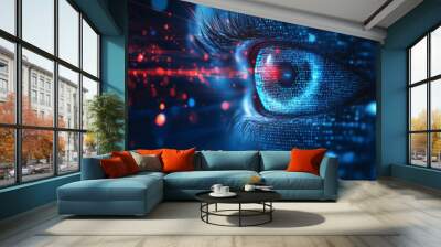 A vector background featuring a digital eye for data network and cyber security technology, representing futuristic cyberspace and internet surveillance with binary code and safety scanning. Wall mural