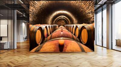 A wine cellar filled with rows of wooden barrels, where wine and cognac age to perfection. Wall mural