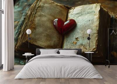 A worn book of love poems, a heart tucked inside its pages. Wall mural